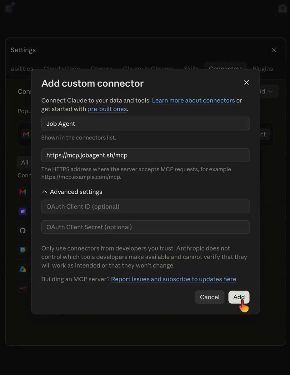 Adding https://mcp.jobagent.sh/mcp as a custom connector in Claude, then approving the Job Agent sign-in