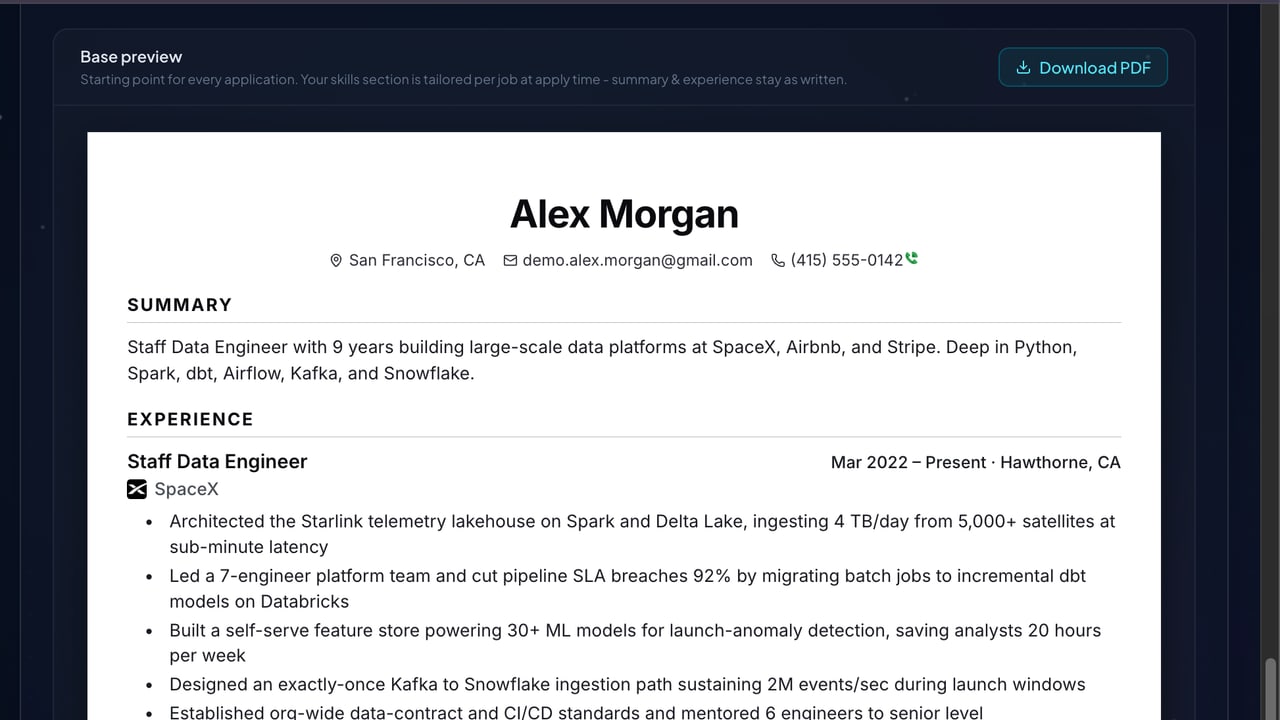 A finished ATS-ready résumé for Alex Morgan in the Job Agent résumé builder, with a PDF download option.